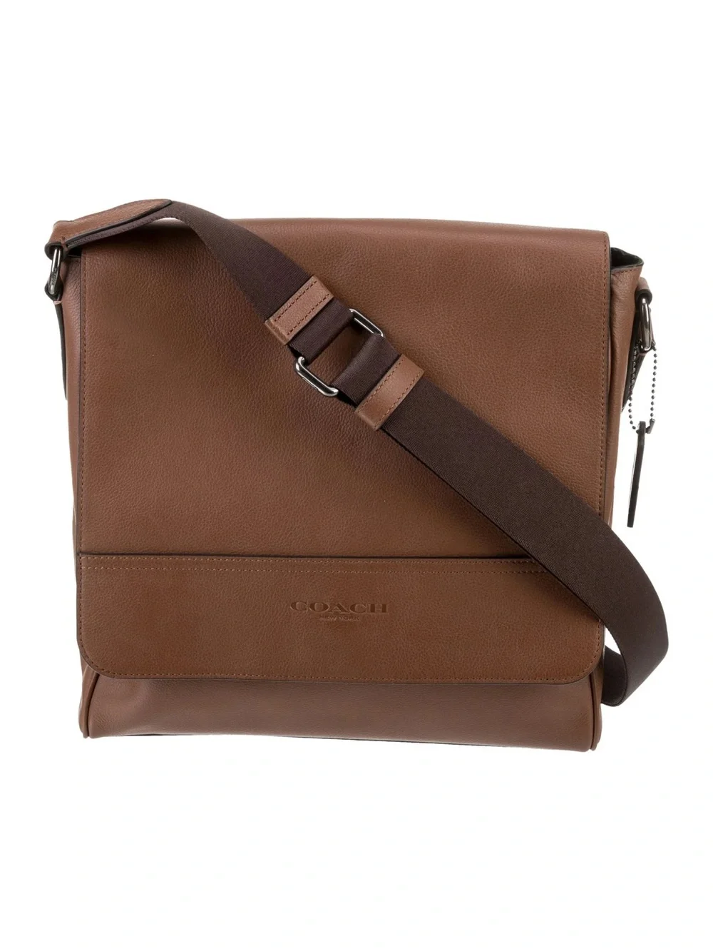Coach Men’s Brown Leather Messenger Bag with Dark Brown Web Strap